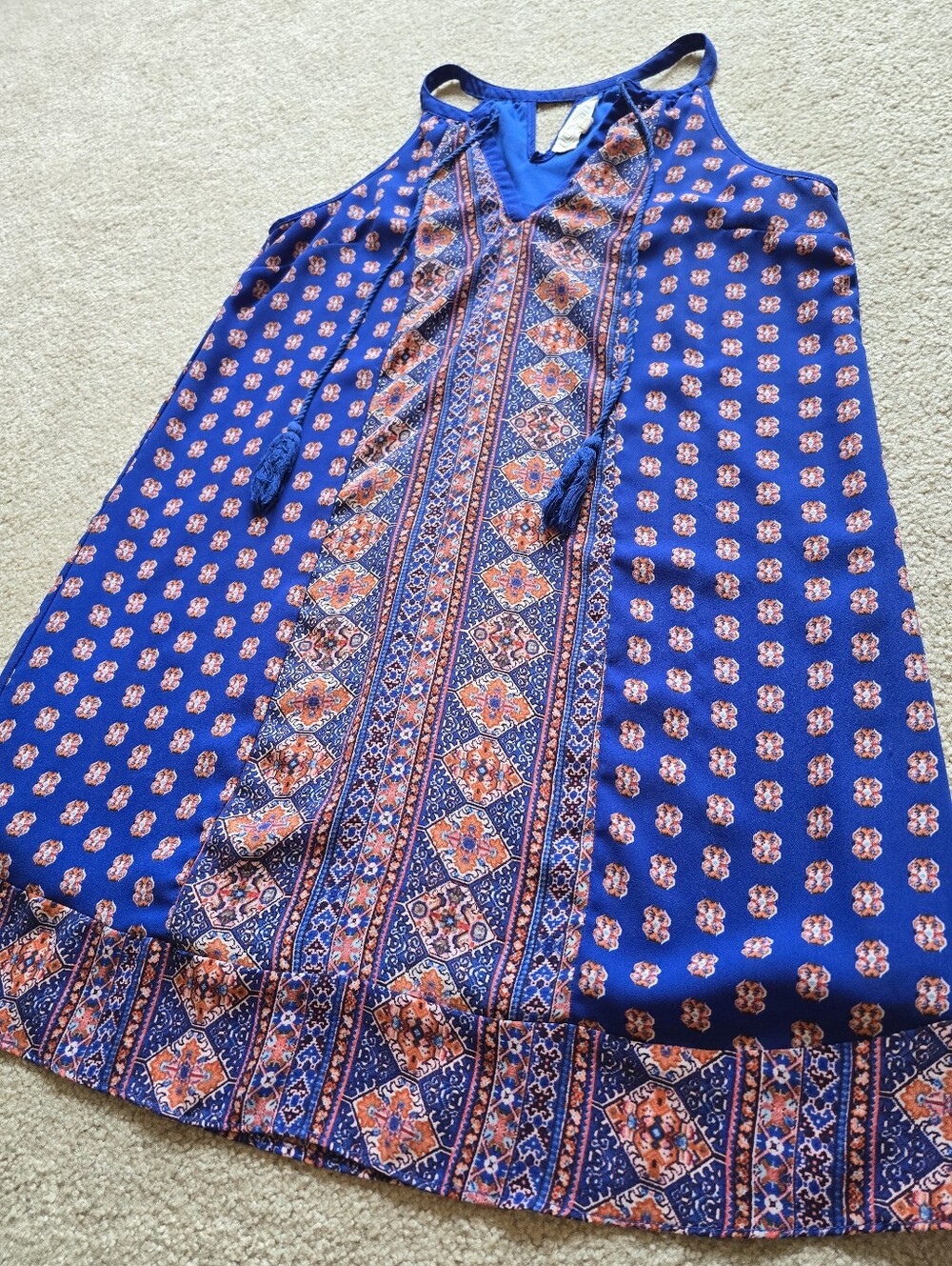 Pink Rose Sleeveless Boho Print Shift Dress in Royal Blue and Orange